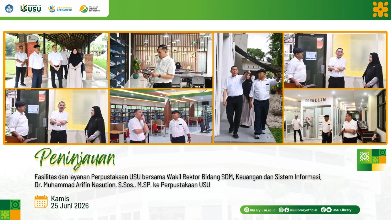 Wakil Rektor Bidang Sumber Daya Manusia, Keuangan, dan Sistem Informasi Tinjau Fasilitas dan Layanan Perpustakaan USU